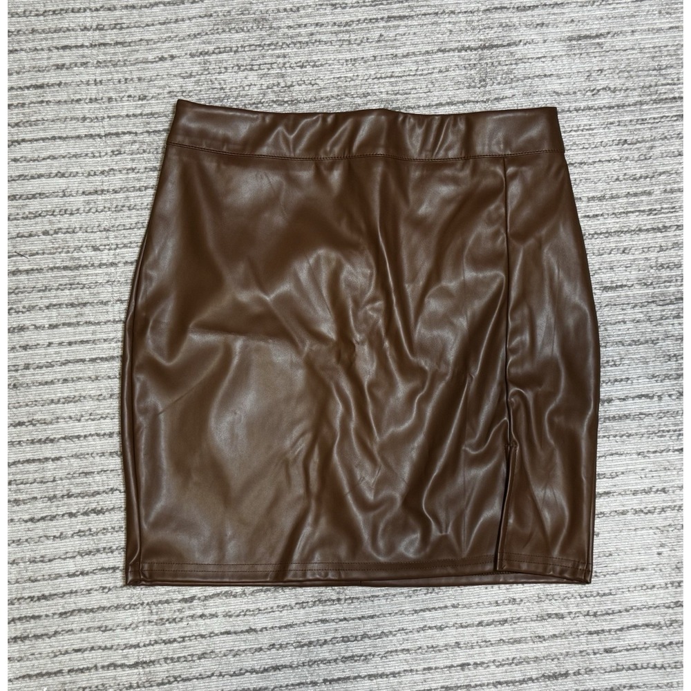 Shein Women's Small Brown Faux Leather Mini Skirt NWOT High Waist Side Slit